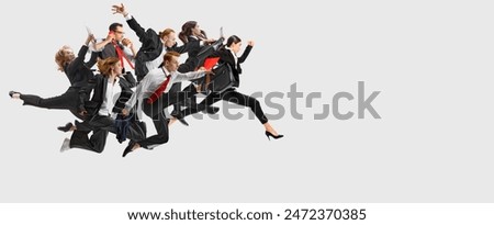 Dynamic collage. Group of office workers wearing formal attire holding office items and running, hurry up at work in motion against white background. Business, start-up, working open-space concept. Ad