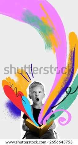 Dynamic collage of surprised boy reading with abstract colorful brush strokes. Concept of imagination, childhood creativity, art education, school posters, and emotional storytelling.