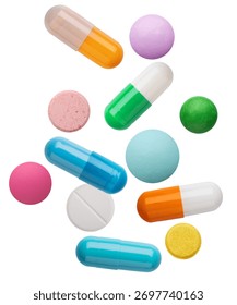 Dynamic composition of assorted multicolored pharmaceutical pills, capsules, and tablets captured floating and isolated on white.