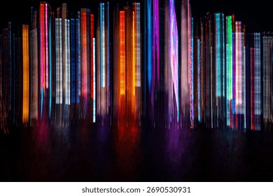 A dynamic composition featuring vibrant light trails against a dark backdrop