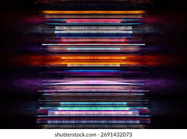 A dynamic composition featuring vibrant light trails against a dark backdrop