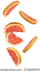 A dynamic composition of fresh grapefruit elements, including whole segments, wedges, and slices, is presented against a bright white background. The vibrant pink flesh of the citrus fruit is clearly visible, highlighting its juicy texture and refreshing appeal. This detailed studio photograph, capturing the essence of healthy, zesty fruit, is perfect for beverage advertising, wellness blogs, or summer-themed marketing campaigns.