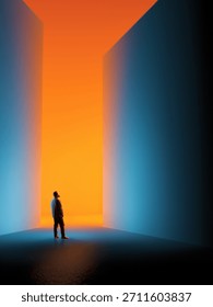 Dynamic composition. Man before glowing passage framed by tall walls in minimal space. Concept of digital creativity, strategy planning, marketing identity, coaching themes, self-development pathways.