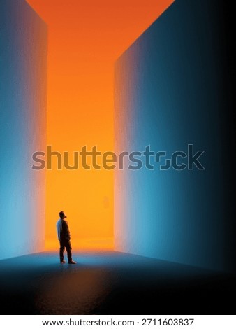 Dynamic composition. Man before glowing passage framed by tall walls in minimal space. Concept of digital creativity, strategy planning, marketing identity, coaching themes, self-development pathways.