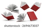 A dynamic composition of open and closed red books in various orientations, suggesting movement and knowledge.