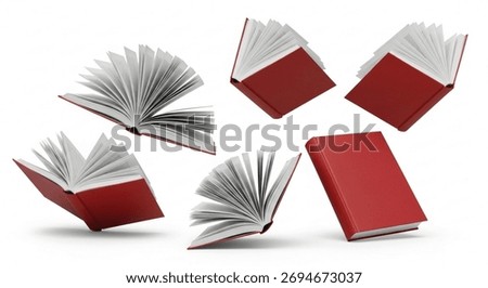 A dynamic composition of open and closed red books in various orientations, suggesting movement and knowledge.