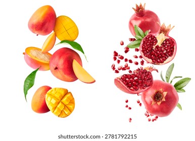 Dynamic composition set of flying fresh fruits. Levitating whole and scored mangoes and pomegranates falling in the air isolated on a white background.