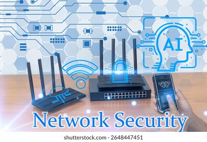 A dynamic conceptual image illustrating network security, artificial intelligence, and cloud computing. The foreground features networking hardware—two Wi-Fi routers and a network switch—overlaid 