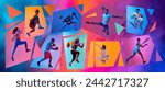 Dynamic creative collage made with different athletes, men and women training different kind of sport onmulticolored background in neon. Concept of professional sport, competition, championship, game