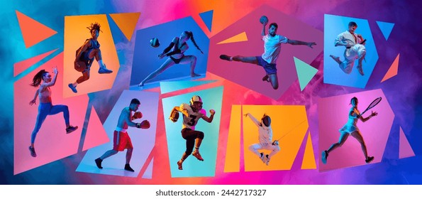 Dynamic creative collage made with different athletes, men and women training different kind of sport onmulticolored background in neon. Concept of professional sport, competition, championship, game - Powered by Shutterstock