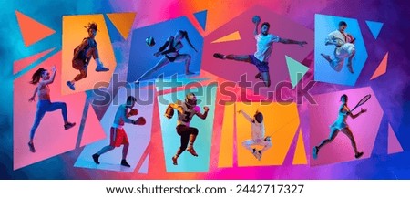 Dynamic creative collage made with different athletes, men and women training different kind of sport onmulticolored background in neon. Concept of professional sport, competition, championship, game