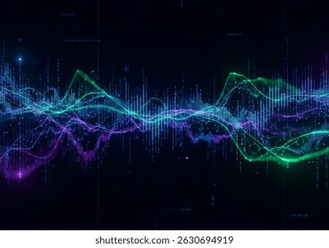 Dynamic digital equalizer and waveform display on a dark background, illustrating audio processing, sound visualization, or data analysis with glowing lines and abstract patterns.