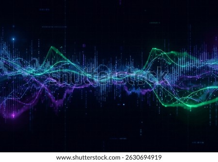 Dynamic digital equalizer and waveform display on a dark background, illustrating audio processing, sound visualization, or data analysis with glowing lines and abstract patterns.