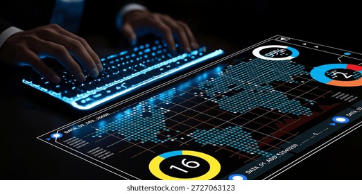 A dynamic digital interface showcases hands typing on a glowing keyboard. Data visualization elements overlay a world map, representing modern business analysis.