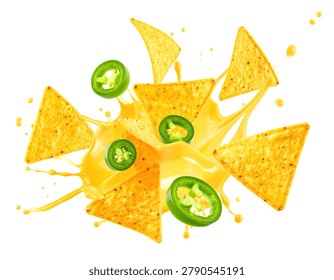 Dynamic explosion of crispy corn nacho chips with flying melted cheese and jalapenos isolated on white background.