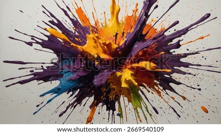 A dynamic explosion of vibrant liquid paint splashes in purple, orange, yellow, and blue against a clean white background.