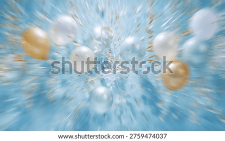 A dynamic and festive abstract background featuring gold and white balloons with a strong motion blur, creating a sense of movement and celebration.