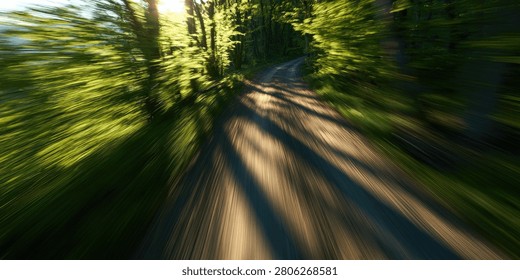 A dynamic forest path with a strong motion blur effect, creating a sense of speed and movement. Sunlight streams through the dense green foliage, casting long shadows.