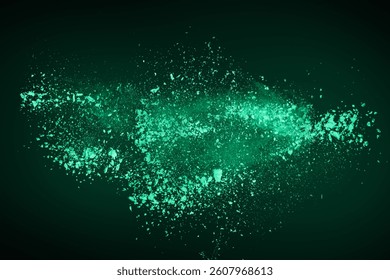 Dynamic green powder explosion against dark background. for cosmetic advertisements, artistic designs, digital backgrounds, product launches, and creative projects.
