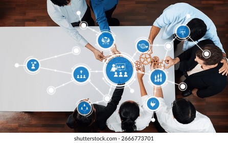 A dynamic group of professionals collaborates during a business strategy meeting, exchanging innovative ideas and fostering teamwork for future growth and success. Amity