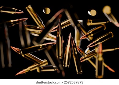 A dynamic and high-contrast image featuring multiple golden bullets suspended in mid-air against a dark background, highlighting their metallic sheen and sharp details