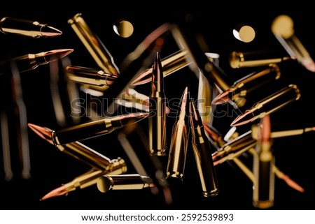 A dynamic and high-contrast image featuring multiple golden bullets suspended in mid-air against a dark background, highlighting their metallic sheen and sharp details