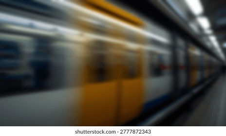 Dynamic image capturing the blurred motion of a train speeding through an underground subway tunnel. The image conveys speed and urban transportation.