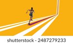 Dynamic image of energetic young woman, runner in motion, running on abstract big yellow track. Spirit of victory. Minimalist design. Concept of sport, athletics, marathon, competition, endurance