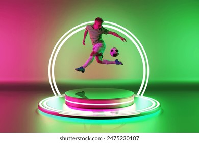 Dynamic image of focused young man, soccer player in motion with ball, playing on podium with led circle on colorful gradient background in neon. Sport, competition, tournament, futurism. 3D render - Powered by Shutterstock