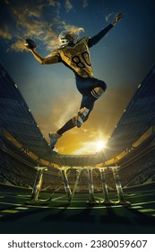 Dynamic image of man, American football player in motion, throwing ball during match, game on open air stadium with fans. Concept of sport event, championship, betting, game. Poster for ad