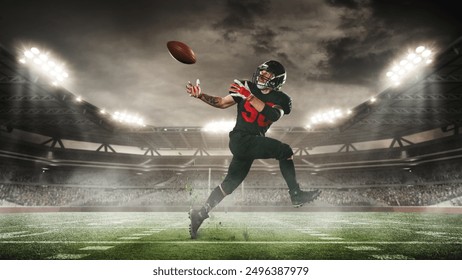 Dynamic image of man, American football player in motion, hitting ball in run, during match, on open air arena with fans stand. 3D render of stadium. Concept of sport, tournament, competition, game