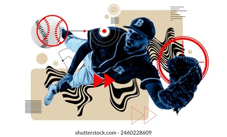 Dynamic image of man, baseball player in motion, catching ball in jump against light background with abstract elements. Contemporary art collage. Concept of sport, game, active lifestyle, competition - Powered by Shutterstock