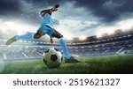 Dynamic image of man, soccer player in blue uniform preparing to kick ball on vibrant green field during intense match. 3D render of stadium. Concept of sport, tournament, competition, game event