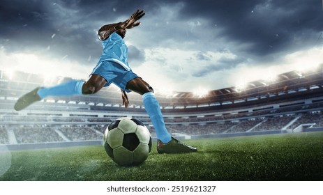 Dynamic image of man, soccer player in blue uniform preparing to kick ball on vibrant green field during intense match. 3D render of stadium. Concept of sport, tournament, competition, game event - Powered by Shutterstock