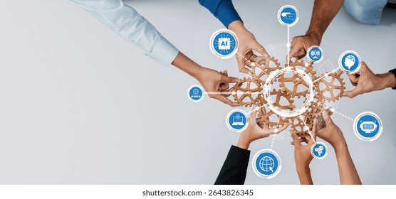 A dynamic image showcasing hands assembling gears, symbolizing collaboration and connection in a modern workplace, enhanced by digital icons representing technology. Amity - Powered by Shutterstock - Get 15% off with code: PIKWIZARD15