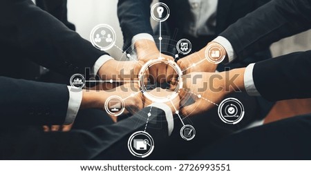 A dynamic image showcasing teamwork and collaboration with hands joining together, surrounded by digital icons symbolizing partnership, innovation, and success in a business setting. Amity