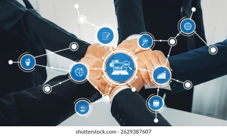 A dynamic image showcasing teamwork and digital strategy through intertwined hands and interconnected icons, symbolizing collaboration, growth, and modern technology in the business world. Amity