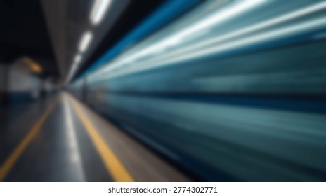 Dynamic image of a speeding train in a subway tunnel, showcasing motion blur and speed. The streaks of light and the tunnels architecture create a sense of rapid transit and urban movement.
