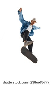 Dynamic image of young man in casual clothes in motion, training, skateboarding isolated over white background. Concept of professional sport, competition, training, action. Copy space for ad