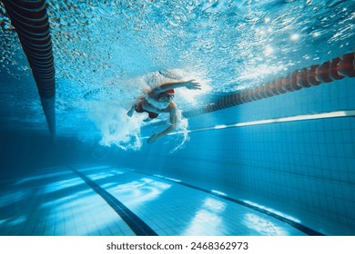 Dynamic image of young man, swimmer in motion, swimming freestyle stroke in pool, training. Concept of professional sport, health, endurance, strength, active lifestyle