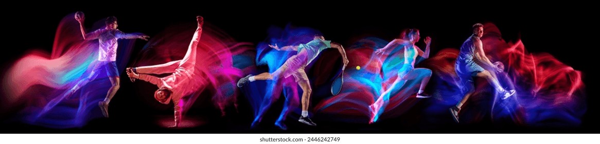 Dynamic images of athletes of different sport in motion, training on black background in neon with mixed lights. Concept of sport, competition, tournament, action, dynamics. Banner - Powered by Shutterstock