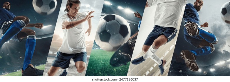 Dynamic and intense game. Collage. African-American male soccer players in motion on stadium, playing, competing for victory. Concept of sport, competition, tournament, game. Banner for event - Powered by Shutterstock