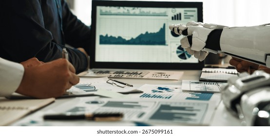 Dynamic interaction between human teams and advanced robotic technology in an office, focusing on data analysis, growth metrics, and collaborative innovation.Noogenesis