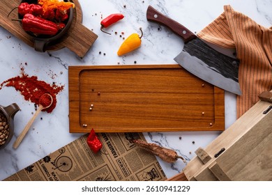 A dynamic kitchen prep scene filled with chili peppers, spices, and culinary tools. The wooden chopping board and large knife suggest a spicy cooking session, surrounded by a dash of hot sauce.