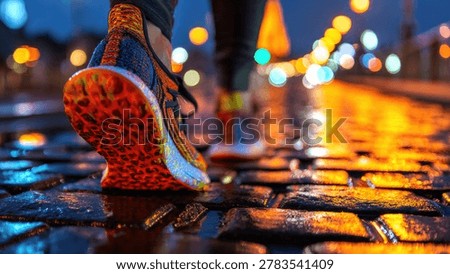 A dynamic low-angle shot captures a running shoe mid-stride on a glistening cobblestone path, reflecting vibrant city lights.