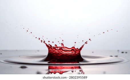 A dynamic macro shot captures the explosive crown formation of a red liquid splash, frozen in time against a clean white background.