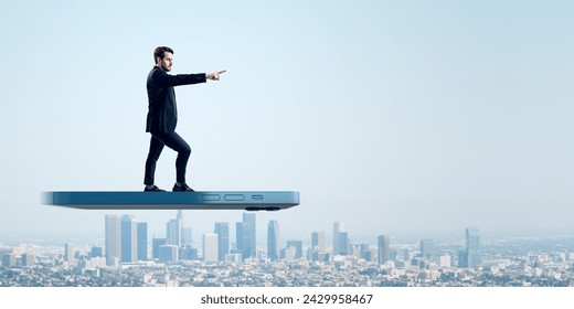 A dynamic male figure gestures commandingly towards a city horizon from atop a smartphone, denoting strategic direction
