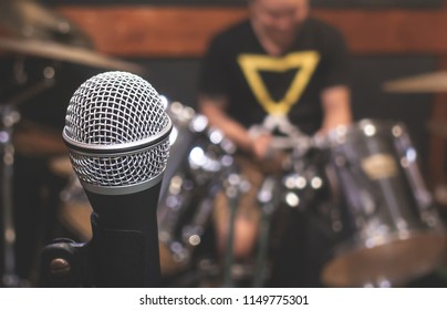 Dynamic Microphone In Music Studio Rehearsal Room