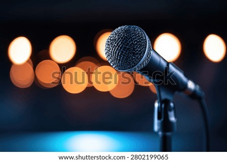 A dynamic microphone is positioned on a stand, ready for performance, with soft, out-of-focus lights creating a warm ambiance in the background.