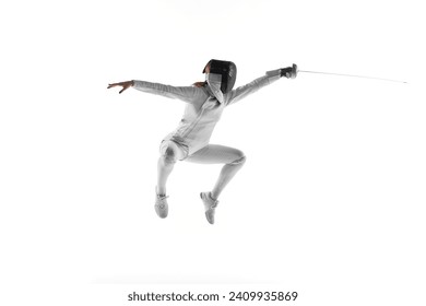 Dynamic mid-air snapshot of swift motion of female fencer's blade, dynamic lines and angles of her body during fight. Concept of professional sport, active lifestyle, fitness, motion, strength. - Powered by Shutterstock